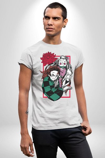 Angemiel تي شيرت Demon Slayer Anime Style Tanjiro and Nezuko أبيض كبير الحجم للنساء والرجال مطبوع من الأمام