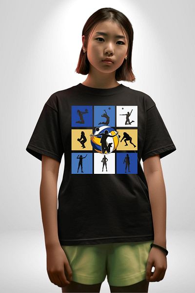 Angemiel Volleyball Silhouette Collage Patterned Black Oversize Women's Men's Front Printed T-Shirt