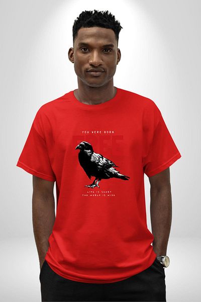 Angemiel Happy Birthday Printed Red Crow Red Oversize Women's Men's Front Printed T-Shirt