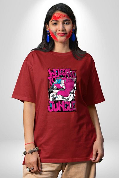 Angemiel Don'T Be Afraid, Come! Step into the Wild! Red Oversize Women's Men's Front Printed T-Shirt