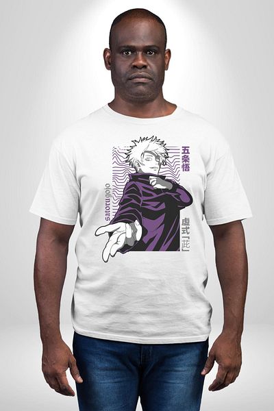 Angemiel تي شيرت Satoru Gojo Jujutsu Kaisen Anime أبيض كبير الحجم للنساء والرجال مطبوع من الأمام