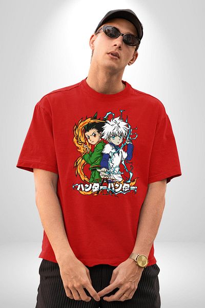 Angemiel Hunter X Hunter Gon & Killua Anime Red Oversize Women Men Front Printed T-Shirt