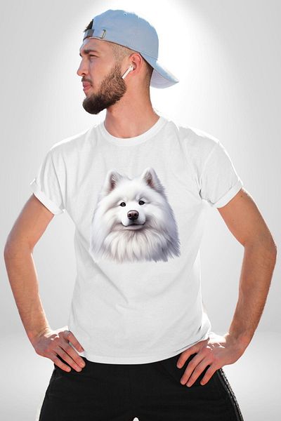 Angemiel تي شيرت أبيض مطبوع من الأمام للنساء والرجال ذو حجم كبير من White Samoyed Dog