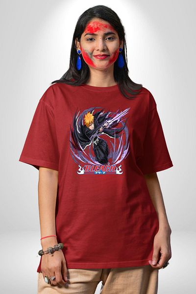 Angemiel Bleach Ichigo Kurosaki Anime Red Oversize Women Men Front Printed T-Shirt