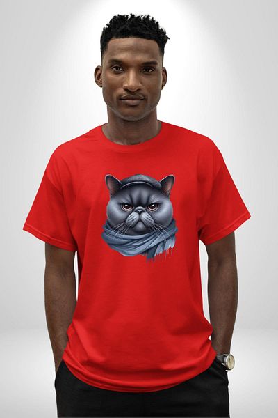 Angemiel City Cat Hat Shawl Serious Look Red Oversize Women's Men's Front Printed T-Shirt