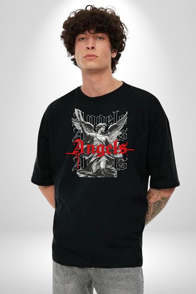 Angemiel Holy Power Legendary Angels Strong Black Oversize Women Men Front Printed T-Shirt