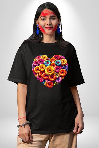 Angemiel Colorful Love Flowers Gerbera Daisy Black Oversize Women's Men's Front Printed T-Shirt