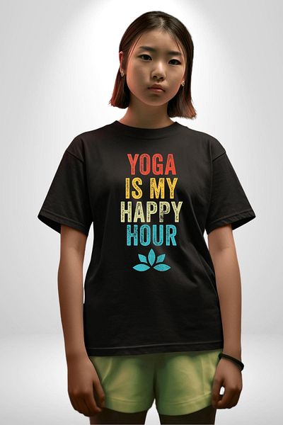 Angemiel Yoga Passion and Happiness Time Black Oversize Women's Men's Front Printed T-Shirt