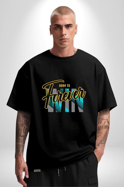 Angemiel Born to Win Printed Motivational Design Black Oversize Women's Men's Front Printed T-Shirt