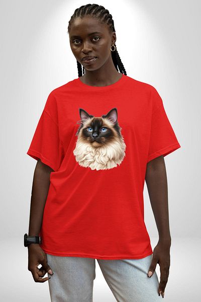 Angemiel Birman Cat Special Design Red Oversize Women's Men's Front Printed T-Shirt