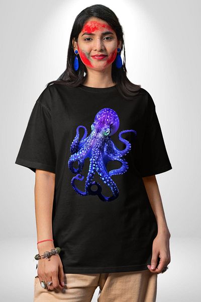 Angemiel Blue Octopus Ocean Themed Black Oversize Women's Men's Front Printed T-Shirt