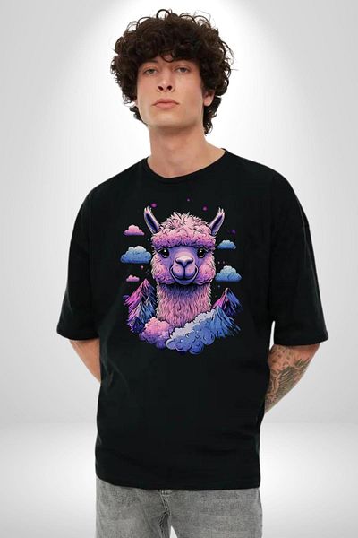 Angemiel Pink Pastel Colored Lama Design Black Oversize Women's Men's Front Printed T-Shirt