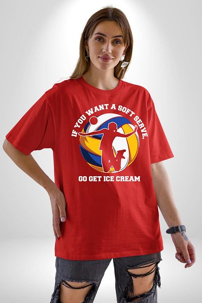 Angemiel Fun Volleyball Summer Red Oversize Women's Men's Front Printed T-Shirt