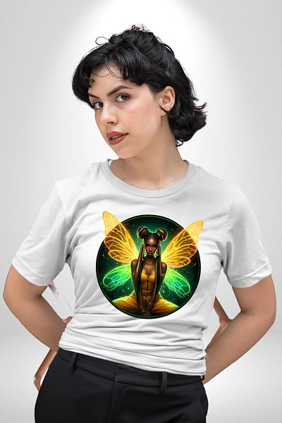 Angemiel Summer Neon Yellow-Green Women's Angel White Oversize Women's Men's Front Printed T-Shirt