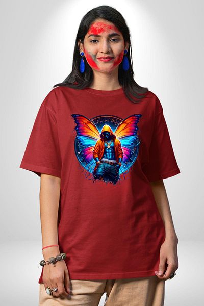 Angemiel Butterfly Winged Modern Young Design Red Oversize Women's Men's Front Printed T-Shirt