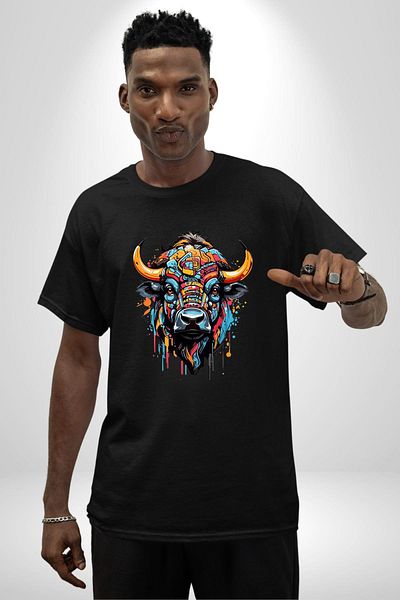 Angemiel Bull Strength Symbol of Indestructible Stability Black Oversize Women Men Front Printed T-Shirt