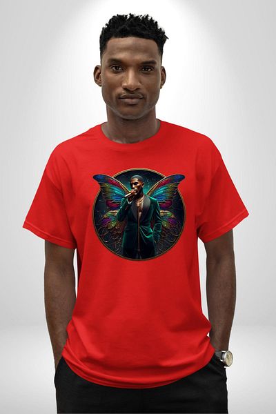 Angemiel Elegant Butterfly Microphone Winged Man Red Oversize Women's Men's Front Printed T-Shirt