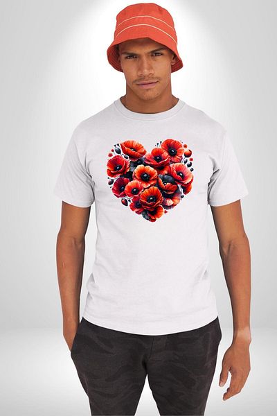 Angemiel تي شيرت Gelincik Flowers Growing with Love in Your Heart أبيض كبير الحجم للنساء والرجال مطبوع من الأمام