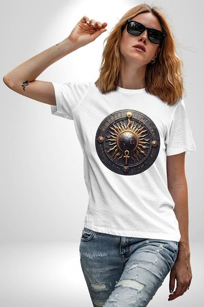 Angemiel تي شيرت Aten Egyptian Sun God of Life Source White كبير الحجم للنساء والرجال مطبوع من الأمام
