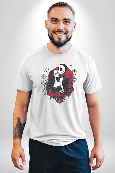 Angemiel تي شيرت مطبوع من الأمام للرجال والنساء ذو ​​حجم كبير من Jack & Sally White بطابع الرعب والرومانسية