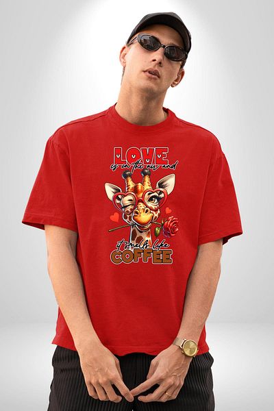 Angemiel The Combination of Coffee and Love Rose Heart Glasses Red Oversize Women's Men's Front Printed T-Shirt