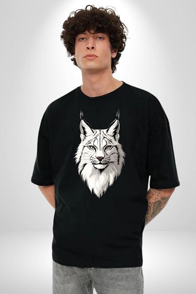 Angemiel Special for Nature and Animal Lovers Vaşak Black Oversize Women's Men's Front Printed T-Shirt