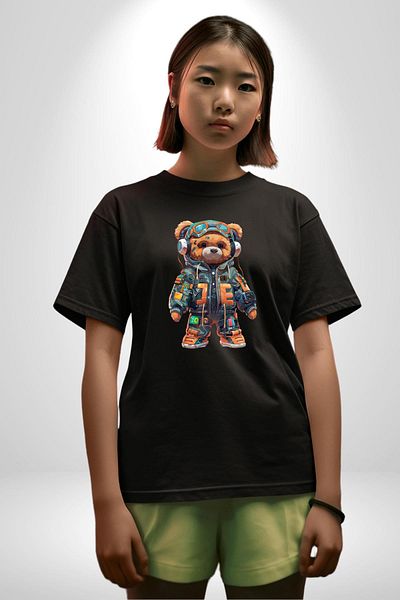 Angemiel Smart Technology Style Teddy Bear Black Oversize Women's Men's Front Printed T-Shirt