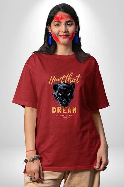 Angemiel Run after Your Dream Printed Red Panther Red Oversize Women's Men's Front Printed T-Shirt