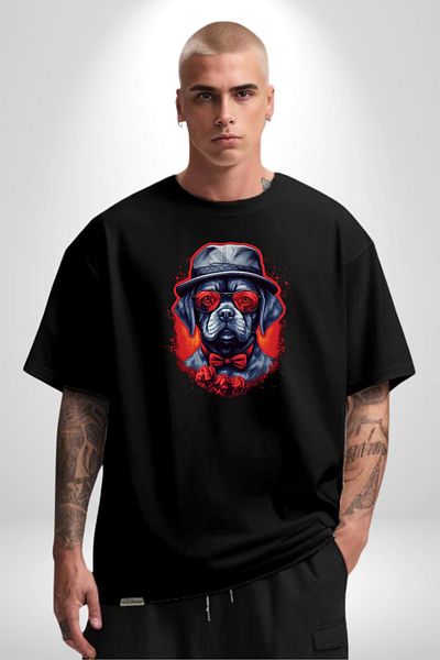 Angemiel Romantic  Dog Hat with Rose Black Oversize Women's Men's Front Printed T-Shirt