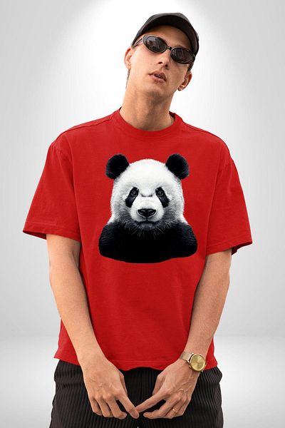 Angemiel Red Red Panda Red Oversize Women's Men's Front Printed T-Shirt