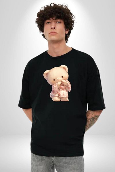 Angemiel Pink Floral Teddy Bear Patterned Black Oversize Women's Men's Front Printed T-Shirt