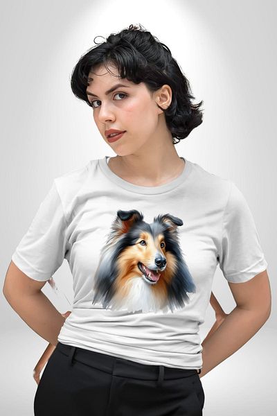 Angemiel تي شيرت Collie Elegant Clever Dog أبيض كبير الحجم للنساء والرجال مطبوع من الأمام