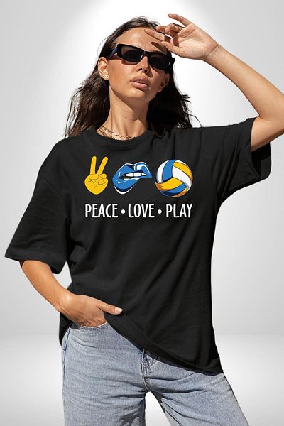 Angemiel Peace Love Play Volleyball Written Black Oversize Women Men Front Printed T-Shirt