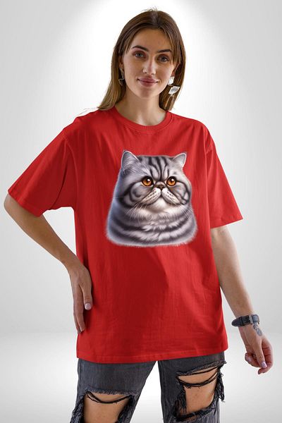 Angemiel Persian Cat Red Oversize Women's Men's Front Printed T-Shirt