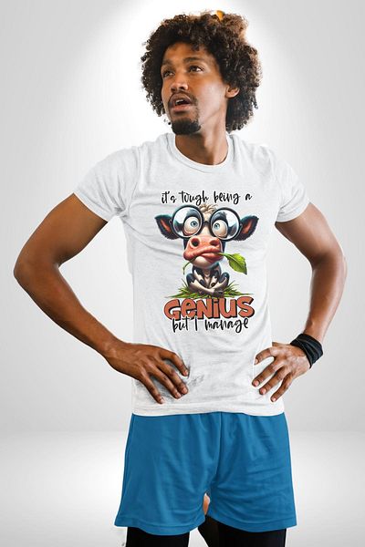 Angemiel تي شيرت Zeki Cow Funny Genius Design أبيض كبير الحجم للنساء والرجال مطبوع من الأمام