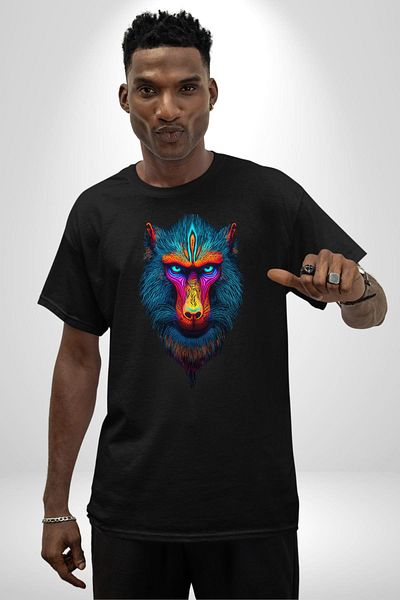 Angemiel Colorful Mandrill Monkey Black Oversize Women's Men's Front Printed T-Shirt