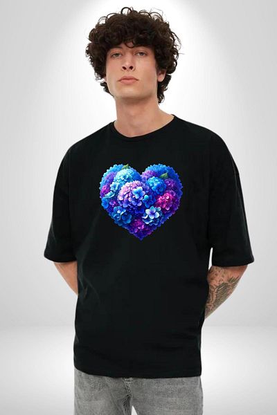 Angemiel Hollyhock Flower Design Black Oversize Women's Men's Front Printed T-Shirt
