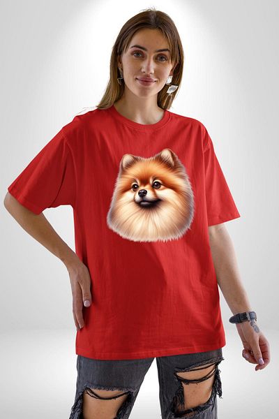 Angemiel Pomeranian Cute Sweet Popular Dog Design Red Oversize Women Men Front Printed T-Shirt