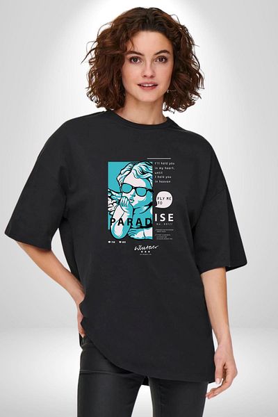 Angemiel Fly to Heaven Printed Romantic and Creative Design Black Oversize Women's Men's Front Printed T-Shirt