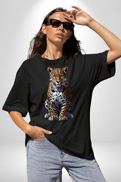 Angemiel Leopard Pattern Wild Animal Black Oversize Women's Men's Front Printed T-Shirt
