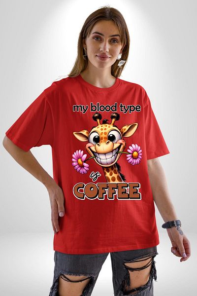 Angemiel Coffee Passion Love Giraffe Flower Red Oversize Women Men Front Printed T-Shirt