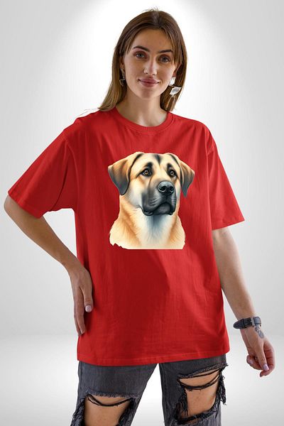 Angemiel Anatolian Shepherd Dog Kangal Faithful Dog Red Oversize Women's Men's Front Printed T-Shirt