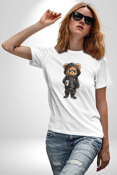 Angemiel Comfortable and Stylish Coffee Cafe Teddy Bear White Oversize Women's Men's Front Printed T-Shirt