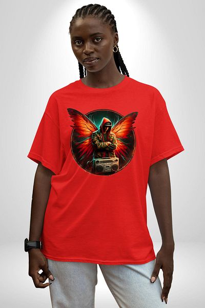 Angemiel Music and Wings New Generation Design Red Oversize Women's Men's Front Printed T-Shirt