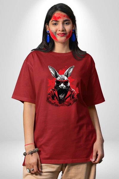 Angemiel Comfortable and Stylish Dark Rabbit Red Oversize Women's Men's Front Printed T-Shirt