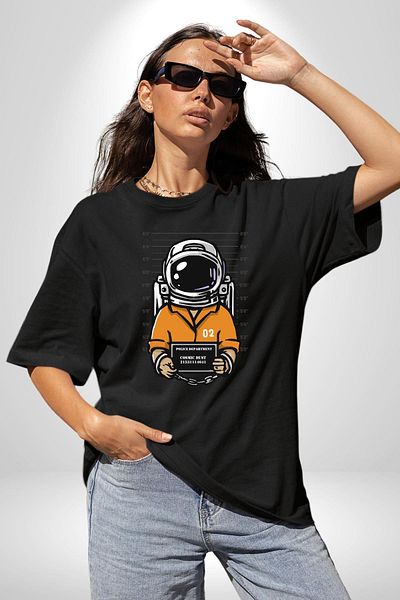 Angemiel Space Police Astronaut Black Oversize Women's Men's Front Printed T-Shirt