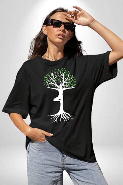 Angemiel Yoga Tree Nature Soul Black Oversize Women's Men's Front Printed T-Shirt