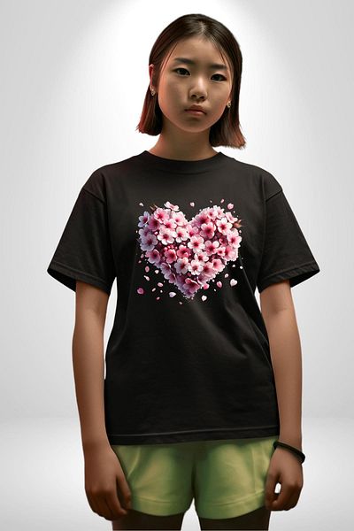 Angemiel Cherry Blossom Japanese Culture the Coming of Spring Black Oversize Women Men Front Printed T-Shirt