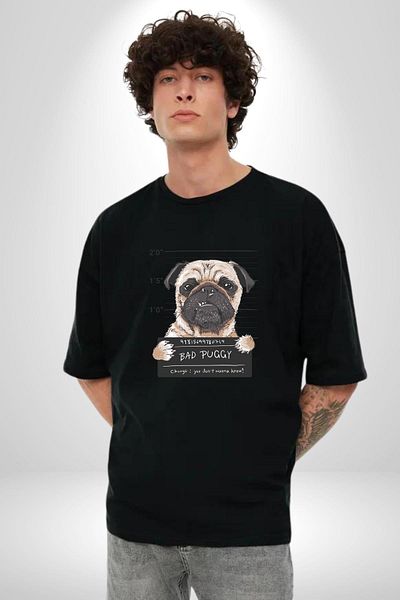 Angemiel Guilty Pug Bad Dog Guilty Face Black Oversize Women's Men's Front Printed T-Shirt