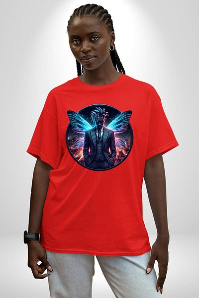 Angemiel Blue Neon Winged Suit Tie Red Oversize Women's Men's Front Printed T-Shirt